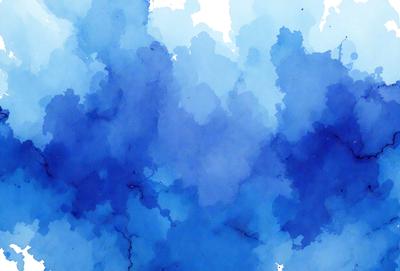 The primary subject of the image is a blue watercolor painting featuring a blue background with white clouds. The setting is a watercolor painting, which gives it a unique visual style. The dominant colors in the painting are blue and white, creating a calm and serene atmosphere.