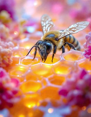 The primary subject of the image is a bee, which is seen in close-up, surrounded by a honeycomb. The setting is a flower, with the bee standing on top of it. The visual style is a close-up of the bee and the honeycomb, creating a detailed and intimate view of the subject. The colors and mood of the image are warm and inviting, with the honeycomb and flower providing a natural and vibrant backdrop for the bee.