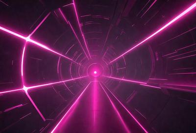 The primary subject of the image is a tunnel with a pink light illuminating it. The setting is a dark, enclosed space, and the visual style appears to be a digital art or illustration. The dominant colors are pink and purple, creating a warm and inviting atmosphere.