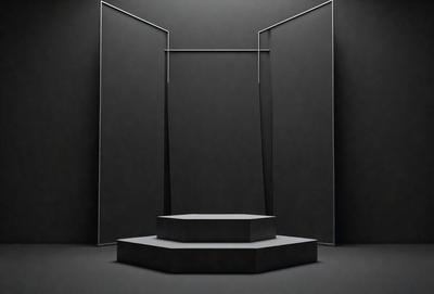 The primary subject of the image is a black and white photo of a stage with a black background. The setting is a stage with a black backdrop, and the visual style is a black and white photo. The colors and mood of the image are predominantly black and white, creating a dramatic and moody atmosphere.