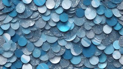 The primary subject of the image is a close-up of a blue and silver sequin fabric. The setting is a blue background, which creates a visually appealing contrast with the sequins. The visual style is a close-up of the sequin fabric, showcasing the intricate patterns and textures. The colors and mood of the image are predominantly blue and silver, giving it a sophisticated and elegant appearance.