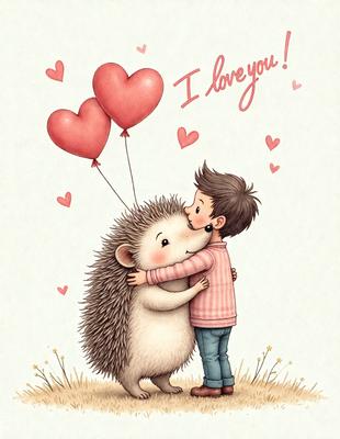 The primary subject of the image is a hedgehog, which is a small, spiky animal. The hedgehog is being hugged by a young boy, creating a heartwarming scene. The setting is outdoors, with a grassy field visible in the background. The visual style of the image is a combination of digital art and illustration, giving it a whimsical and playful appearance. The dominant colors in the image are pink and white, which are associated with love and affection.