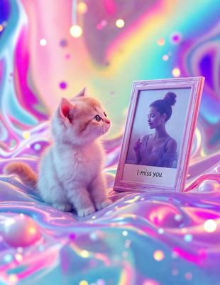 The primary subject of the image is a cat sitting in front of a mirror. The setting is a colorful, pink and purple background, which adds a vibrant and lively atmosphere to the scene. The visual style appears to be a combination of a photo and digital art, as the cat and the mirror are depicted in a realistic manner, while the background features a unique and artistic design. The colors and mood of the image are predominantly pink and purple, creating a warm and cheerful amb