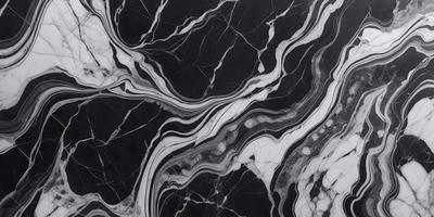 The primary subject of the image is a marble countertop with a black and white pattern. The setting is a kitchen, and the visual style is a close-up of the marble countertop. The colors and mood of the image are predominantly black and white, giving it a classic and elegant appearance.