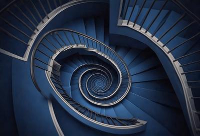 The primary subject of the image is a spiral staircase with a blue background. The staircase is made of metal and has a circular pattern. The setting is a stairwell, and the visual style is a black and white photo. The colors and mood of the image are dark and moody, creating a sense of depth and intrigue.