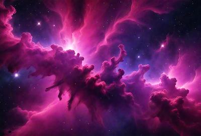 The primary subject of the image is a pink nebula, which is a cloud of gas and dust in space. The setting is a dark, star-filled sky, with the nebula being the main focus of the image. The visual style is a combination of a photo and digital art, creating a unique and captivating representation of the nebula. The dominant colors are pink and purple, giving the image a warm and serene atmosphere.
