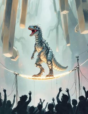 The primary subject of the image is a large, metal-looking, possibly robotic or futuristic dinosaur, standing on a wire or a tightrope. The setting appears to be a stage or an arena, with a crowd of people gathered around, watching the dinosaur perform. The visual style of the image is a combination of digital art and illustration, creating a unique and captivating scene. The colors and mood of the image are predominantly dark and dramatic, with the dinosaur and