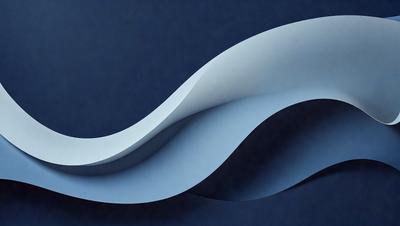 The primary subject of the image is a large, curved, and wavy piece of paper. The paper is blue and appears to be a sculpture or a piece of art. The setting is a dark blue background, which contrasts with the paper's color. The visual style is a close-up of the paper, showcasing its intricate design and texture. The colors and mood of the image are predominantly dark and moody, with the blue paper standing out against the dark background.
