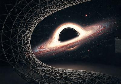 The primary subject of the image is a black hole, which is the main object, scene, or focus of the image. The setting/background features a space with a backdrop of a galaxy, which adds to the overall atmosphere. The visual style of the image is digital art, as it is a detailed and intricate representation of the black hole. The colors and mood of the image are dark and dramatic, as the black hole is a mysterious and powerful force in the universe.