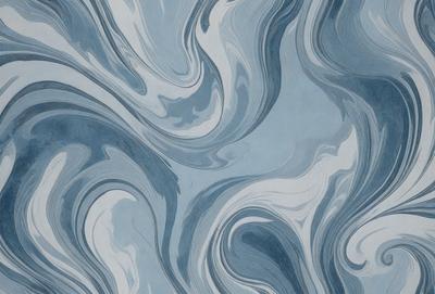 The primary subject of the image is a blue and white swirling pattern, which appears to be a painting or a digital artwork. The setting is a blue background, and the visual style is a combination of photo and digital art. The dominant colors are blue and white, creating a calm and soothing atmosphere.