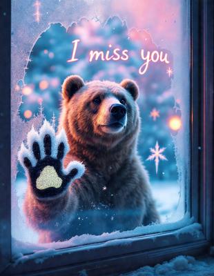 The primary subject of the image is a large brown bear. The bear is standing in front of a window, with its paw extended outward. The setting is a snowy environment, and the visual style appears to be a combination of a photo and digital art. The colors in the image are predominantly brown and white, giving the scene a warm and cozy atmosphere.