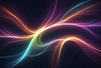 The primary subject of the image is a vibrant, colorful, and abstract artwork. The setting is a dark background, which contrasts with the bright colors of the artwork. The visual style is a combination of digital art and illustration, creating a unique and eye-catching piece. The dominant colors are blue, orange, and pink, which contribute to a lively and energetic atmosphere.