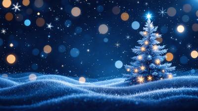 The primary subject of the image is a small, lit-up Christmas tree. The tree is surrounded by a blue, snowy background, giving it a festive and holiday atmosphere. The visual style of the image is a digital art or illustration, as it is a well-crafted and detailed representation of the Christmas tree. The colors and mood of the image are predominantly blue and cold, as the tree is set against a snowy, icy backdrop.