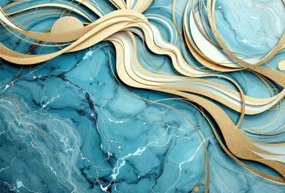 The primary subject of the image is a blue marble countertop with a unique and artistic design. The countertop features a swirling pattern, giving it a visually appealing and creative appearance. The setting is a kitchen or a similar environment where the countertop is placed. The visual style of the image is a combination of digital art and illustration, showcasing the intricate design and craftsmanship of the marble countertop. The colors and mood of the image are predominantly blue, which adds