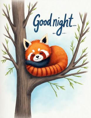 The primary subject of the image is a red and white animal, possibly a fox or a raccoon, sleeping in a tree. The setting is a tree with green leaves, providing a natural and serene backdrop. The visual style is a combination of digital art and illustration, creating a vibrant and lively atmosphere. The colors are predominantly green and red, with the red and white animal being the focal point of the scene.