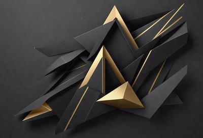 The primary subject of the image is a three-dimensional gold and black geometric design. The design is made up of triangles and is displayed on a black background. The visual style of the image is a combination of digital art and illustration, creating a unique and intricate pattern. The colors and mood of the image are predominantly black and gold, giving it a sophisticated and elegant appearance.