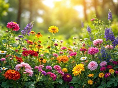 The primary subject of the image is a vibrant and colorful garden filled with a variety of flowers. The setting is a lush green field, providing a beautiful backdrop for the flowers. The visual style of the image is a photo, capturing the natural beauty of the garden. The colors and mood of the image are predominantly warm and inviting, with the flowers creating a sense of happiness and tranquility.