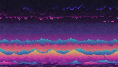 The primary subject of the image is a mountain range, with a purple and blue color scheme. The setting is a cloudy sky, and the visual style appears to be a digital art or illustration. The colors and mood of the image create a sense of depth and a serene atmosphere.