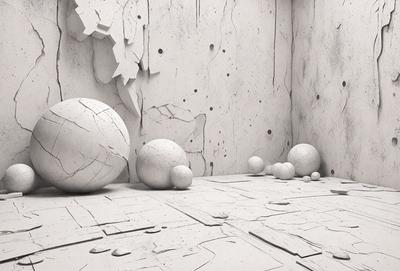 The primary subject of the image is a collection of white balls placed on a white surface. The setting appears to be a white room with a white wall, creating a clean and minimalistic atmosphere. The visual style of the image is a combination of photo and digital art, as it captures the white balls in a realistic manner while also showcasing the white background and the white wall. The colors and mood of the image are predominantly white, giving it a calm and serene appearance.