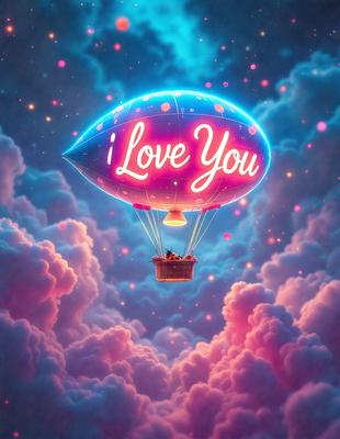The primary subject of the image is a hot air balloon with the words "I Love You" written on it. The balloon is floating in a pink and blue cloudy sky, creating a whimsical and romantic atmosphere. The visual style of the image is a digital art or illustration, with the balloon and clouds depicted in a vibrant and colorful manner. The overall mood of the image is warm, loving, and dreamy.