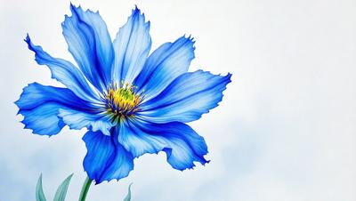 The primary subject of the image is a large, blue flower with a yellow center. The flower is prominently displayed in the foreground, with a white background behind it. The visual style of the image is a combination of photo and digital art, creating a vibrant and detailed representation of the flower. The dominant colors in the image are blue and yellow, with the blue flower and the white background creating a sense of depth and contrast.