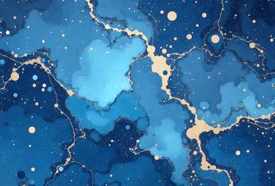 The primary subject of the image is a blue and gold painting featuring a swirling pattern. The setting is a blue background, and the visual style appears to be a digital art or illustration. The dominant colors in the painting are blue and gold, creating a sense of depth and richness. The overall atmosphere of the painting is vibrant and captivating.