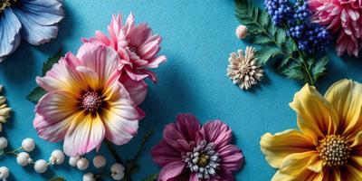 The primary subject of the image is a bouquet of flowers, which are displayed on a blue surface. The setting appears to be a studio or a controlled environment, as the flowers are arranged in a visually appealing manner. The visual style of the image is a combination of photo and digital art, creating a vibrant and colorful scene. The dominant colors in the image are pink, purple, and yellow, which contribute to a cheerful and lively atmosphere.