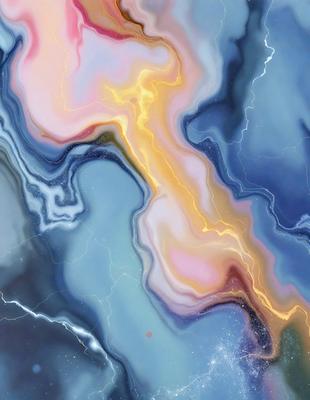 The primary subject of the image is a painting featuring a blue and pink background with a yellow light streak. The setting is a canvas, and the visual style is a painting. The dominant colors are blue, pink, and yellow, creating a vibrant and lively atmosphere.