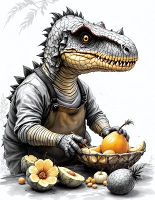 The primary subject of the image is a dinosaur, specifically a T-Rex, holding a bowl of fruit. The setting is a kitchen, with a dining table visible in the background. The visual style is a combination of digital art and illustration, creating a unique and creative scene. The colors are predominantly orange and yellow, giving the image a warm and inviting atmosphere.