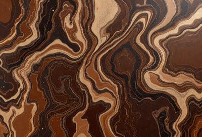 The primary subject of the image is a close-up of a wooden surface with a unique and intricate pattern. The setting is a wooden table, and the visual style appears to be a close-up of a natural material. The colors and mood of the image are predominantly brown, giving it a warm and earthy atmosphere.
