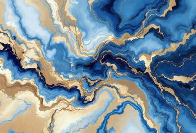 The primary subject of the image is a blue and gold swirling pattern, which appears to be a painting or a digital artwork. The setting is a blue and gold background, which complements the swirling pattern. The visual style is a mix of digital art and painting, creating a unique and eye-catching design. The colors and mood of the image are predominantly blue and gold, giving it a warm and vibrant atmosphere.