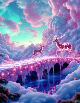 The primary subject of the image is a birthday celebration featuring two deer. The setting is a beautiful, colorful, and whimsical environment, likely a fantasy or fairy tale world. The visual style is digital art, with the deer and the surrounding elements skillfully rendered. The colors and mood are vibrant and joyful, reflecting the festive atmosphere of the birthday celebration.