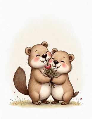 The image features two cute, smiling bears holding a heart between them. The bears are standing close to each other, with one bear on the left and the other on the right. The heart they are holding is located in the middle of the scene. The overall atmosphere of the image is warm and friendly, with the bears appearing to be enjoying their time together.