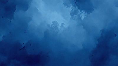The primary subject of the image is a blue sky filled with clouds. The setting is a cloudy day, and the visual style is a painting or drawing. The colors and mood of the image are predominantly blue, creating a calm and serene atmosphere.