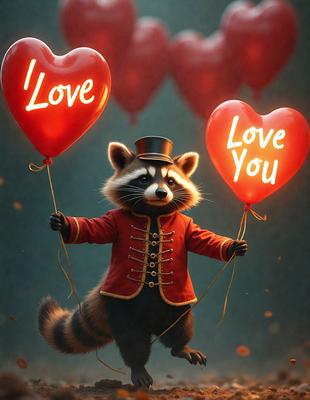 The primary subject of the image is a cartoon-like character, possibly a raccoon, dressed in a red jacket and holding two red balloons. The setting appears to be a dark background, which contrasts with the bright red balloons and the character's outfit. The visual style is a combination of digital art and illustration, creating a whimsical and playful atmosphere. The colors and mood are predominantly red, which adds a sense of warmth and energy to the scene.