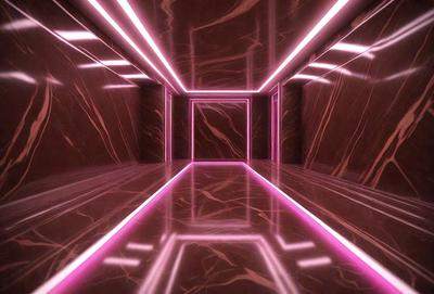 The primary subject of the image is a hallway with a marble floor. The setting is a dark room with a pink glow, creating a unique and visually striking atmosphere. The visual style is a combination of a photo and digital art, with the pink glow and marble floor adding a surreal touch to the scene. The colors and mood of the image are predominantly pink, giving it a warm and inviting feel.