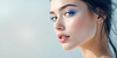The primary subject of the image is a woman with a blue eye shadow, wearing a blue lipstick. She is posing for the camera with a confident and stylish expression. The setting is a white background, which provides a clean and minimalist look to the photo. The visual style is a close-up portrait, capturing the woman's features and makeup in detail. The colors and mood of the image are predominantly blue, creating a calm and sophisticated atmosphere.