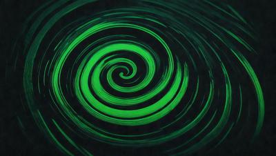 The primary subject of the image is a spiral pattern, which is a prominent feature of the scene. The spiral pattern is displayed on a black background, giving it a striking and visually appealing appearance. The visual style of the image is a combination of digital art and illustration, creating a unique and eye-catching design. The dominant colors in the image are green and black, which contribute to the spiral pattern's vibrant and dynamic nature. Overall, the image exudes a sense of creativity and art