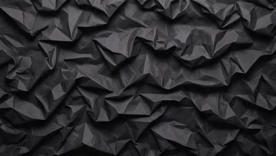 The primary subject of the image is a black and white paper or fabric with a pattern of folded or wrinkled edges. The setting is a black background, which emphasizes the paper or fabric's texture and pattern. The visual style is a close-up of the paper or fabric, showcasing its intricate details. The colors and mood of the image are predominantly black and white, giving it a classic and timeless appearance.