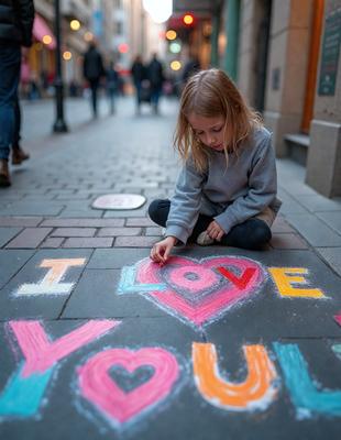 The primary subject of the image is a young girl sitting on the ground and drawing a heart on the sidewalk. The setting is an outdoor street with a brick sidewalk, and the visual style appears to be a combination of a photo and digital art. The colors and mood of the image are predominantly warm and cheerful, with the heart symbolizing love and affection.