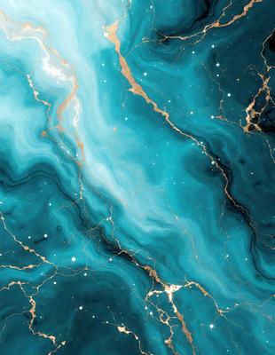 The primary subject of the image is a blue and gold marble-like surface, which appears to be a piece of art or a decorative item. The setting is a dark room, and the visual style is a combination of digital art and illustration. The dominant colors in the image are blue and gold, creating a sense of luxury and sophistication.