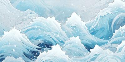 The primary subject of the image is a large body of water, possibly an ocean, with waves crashing and creating a dynamic scene. The setting is the open water, with no visible land or background. The visual style is a combination of digital art and illustration, creating a realistic and detailed representation of the ocean waves. The colors and mood of the image are predominantly blue and white, with the blue representing the water and the white representing the waves and snowflakes. The overall atmosphere is one of beauty and power,
