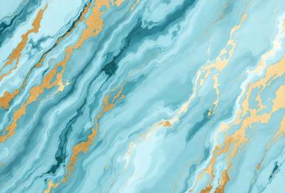 The primary subject of the image is a blue and gold marbled wallpaper. The setting is a bathroom, and the visual style is a digital art or illustration. The dominant colors are blue and gold, creating a luxurious and elegant atmosphere.