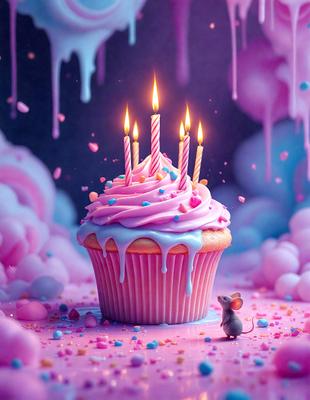 The primary subject of the image is a pink cupcake with white frosting and pink sprinkles. The cupcake is placed on a pink surface, which is likely a part of a cake or a decorative element. The setting appears to be a playful and colorful environment, possibly a children's party or a whimsical scene. The visual style of the image is a combination of photo and digital art, creating a vibrant and lively atmosphere. The colors and mood of the