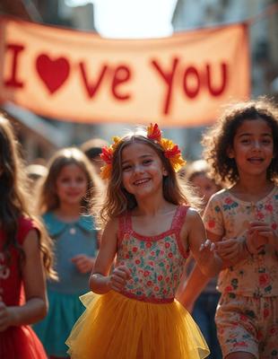 The primary subject of the image is a young girl wearing a yellow dress and a flower crown. She is smiling and appears to be enjoying herself. The setting is a street, with a crowd of people surrounding her. The visual style is a photo, capturing the girl's joyful expression. The colors in the image are predominantly yellow and orange, creating a warm and cheerful atmosphere.