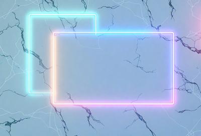 The primary subject of the image is a large, brightly colored, neon-lit square or rectangle. The setting is a marble or stone surface, which adds a sense of sophistication and elegance to the scene. The visual style is a combination of digital art and illustration, creating a vibrant and eye-catching design. The colors and mood of the image are predominantly bright and lively, with the neon lights creating a sense of energy and excitement.