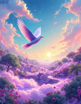 Primary subject: A white bird flying in the sky.

Setting/background: A beautiful, colorful landscape with a village, houses, and a river.

Visual style: Digital art.

Colors and mood: The image is vibrant and full of life, with a mix of pink, purple, and blue hues. The mood is serene and uplifting, as the bird soars through the sky, creating a sense of freedom and wonder.
