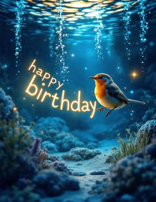 The primary subject of the image is a small bird, which is the main focus of the scene. The bird is perched on a branch in a blue underwater environment, surrounded by a variety of aquatic plants. The visual style of the image is a combination of photo and digital art, creating a unique and captivating scene. The colors and mood of the image are predominantly blue and serene, reflecting the underwater setting and the peaceful nature of the bird.