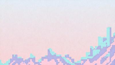 The primary subject of the image is a mountain range, with a sky background. The visual style is digital art, as the mountain range is depicted in a pixelated, blocky pattern. The colors and mood of the image are predominantly pink and purple, creating a warm and serene atmosphere.