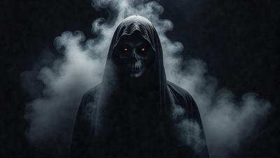 The primary subject of the image is a skeleton wearing a hooded robe, standing in a dark and foggy environment. The setting appears to be a nighttime scene with a haunting atmosphere. The visual style of the image is a combination of photo and digital art, creating a unique and eerie appearance. The dominant colors in the image are black and white, with the skeleton's robe and the foggy environment adding a sense of mystery and danger.